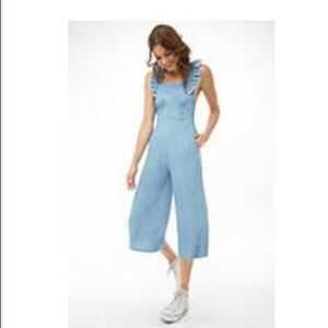 Denim Ruffle Trim Open Back Jumpsuit by Forever 21
